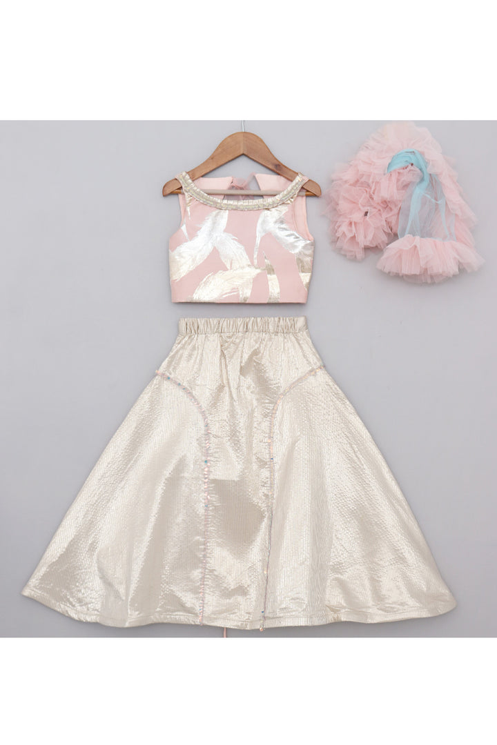Pastel Pink Feather Detailing Sleeveless Top With Skirt Set