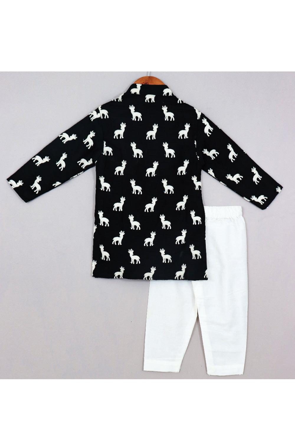 Black And White Deer Embroidered Silk Kurta With Pyjama Set