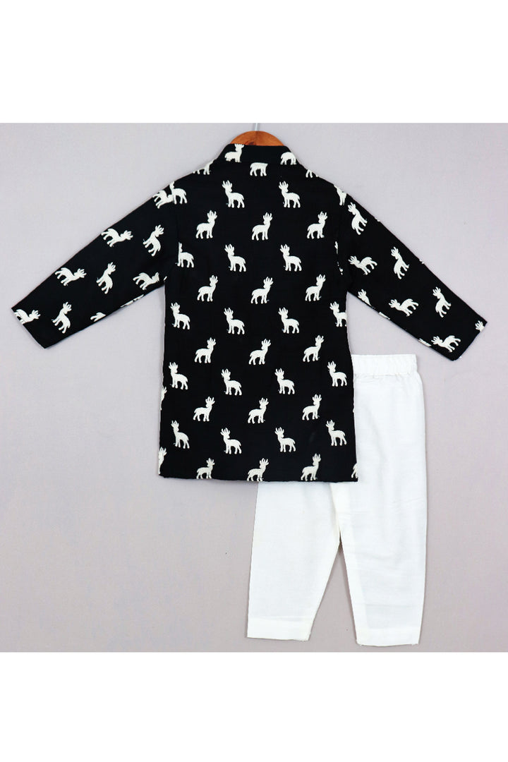 Black And White Deer Embroidered Silk Kurta With Pyjama Set