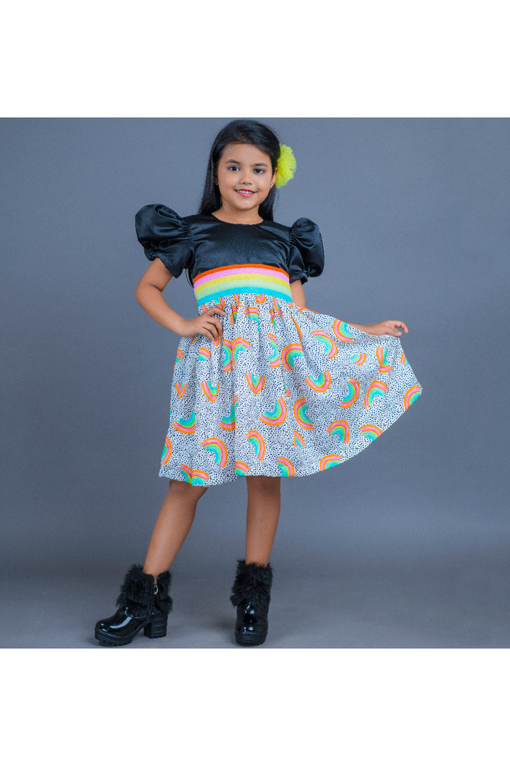 Black Rainbow Printed Satin Puff Sleeves Dress