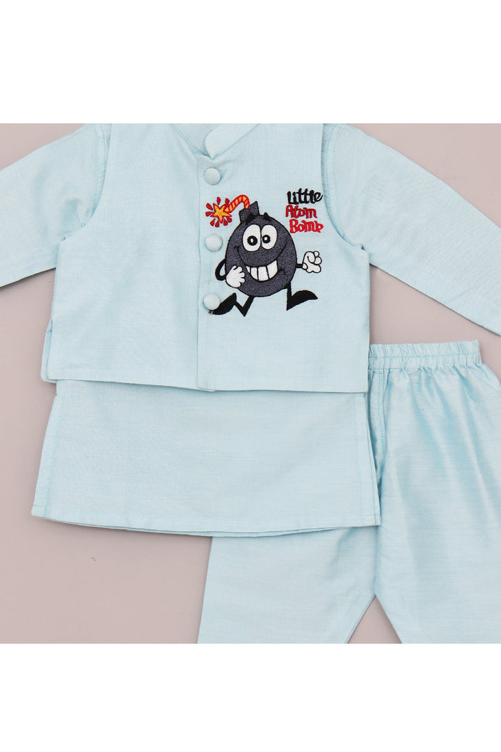 Light Blue Cotton Silk Kurta With Little Atom Bomb Embroidered Jacket Set