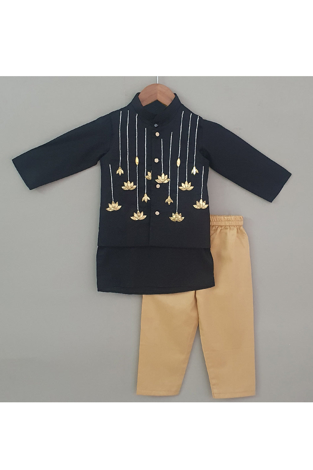Black Cotton Kurta With Floral Embroidered Jacket Set