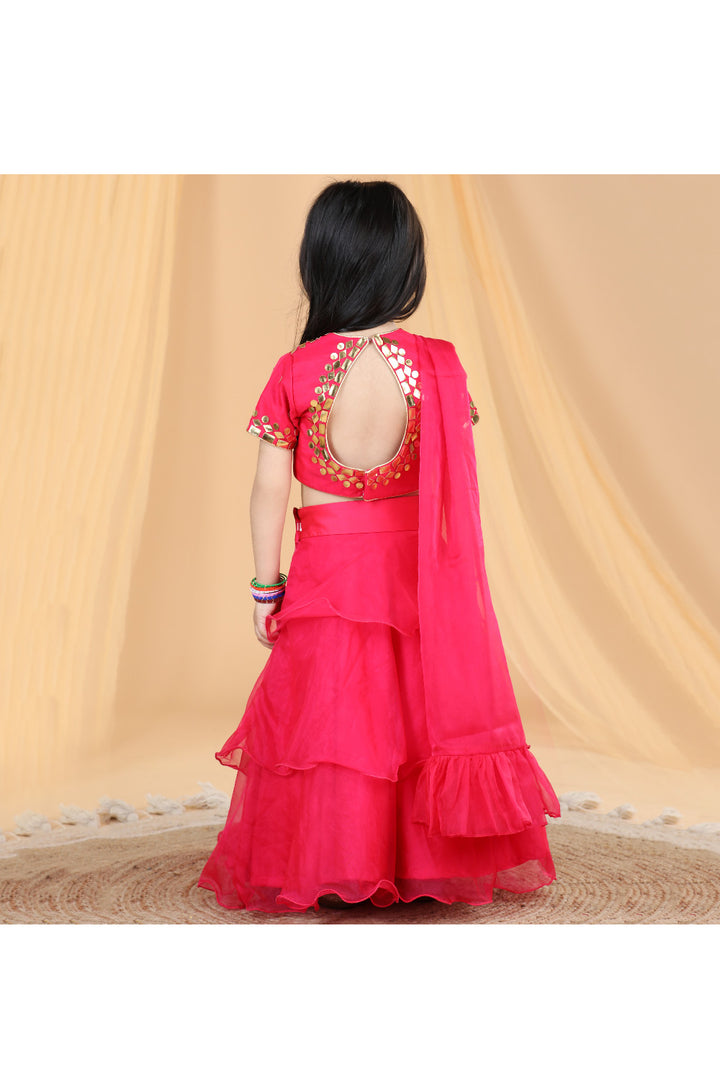 Hot Pink Leather Patch Work Top With Frilled Organza Lehenga