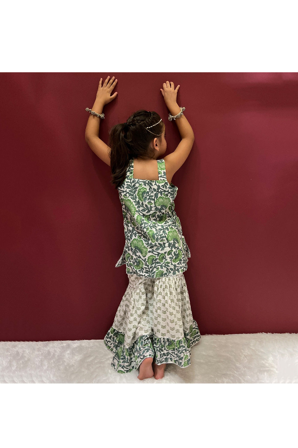 Green Floral Hand Block Printed Cotton Kurta With Sharara Set