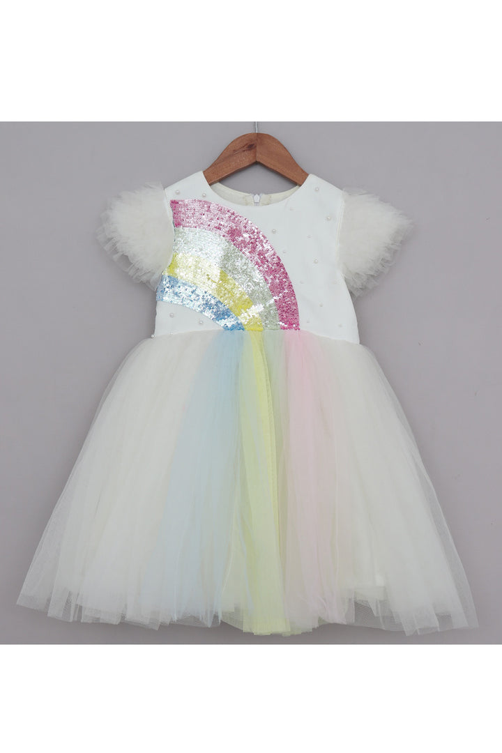 White Rainbow Sequins And Pearl Detailing Net Dress
