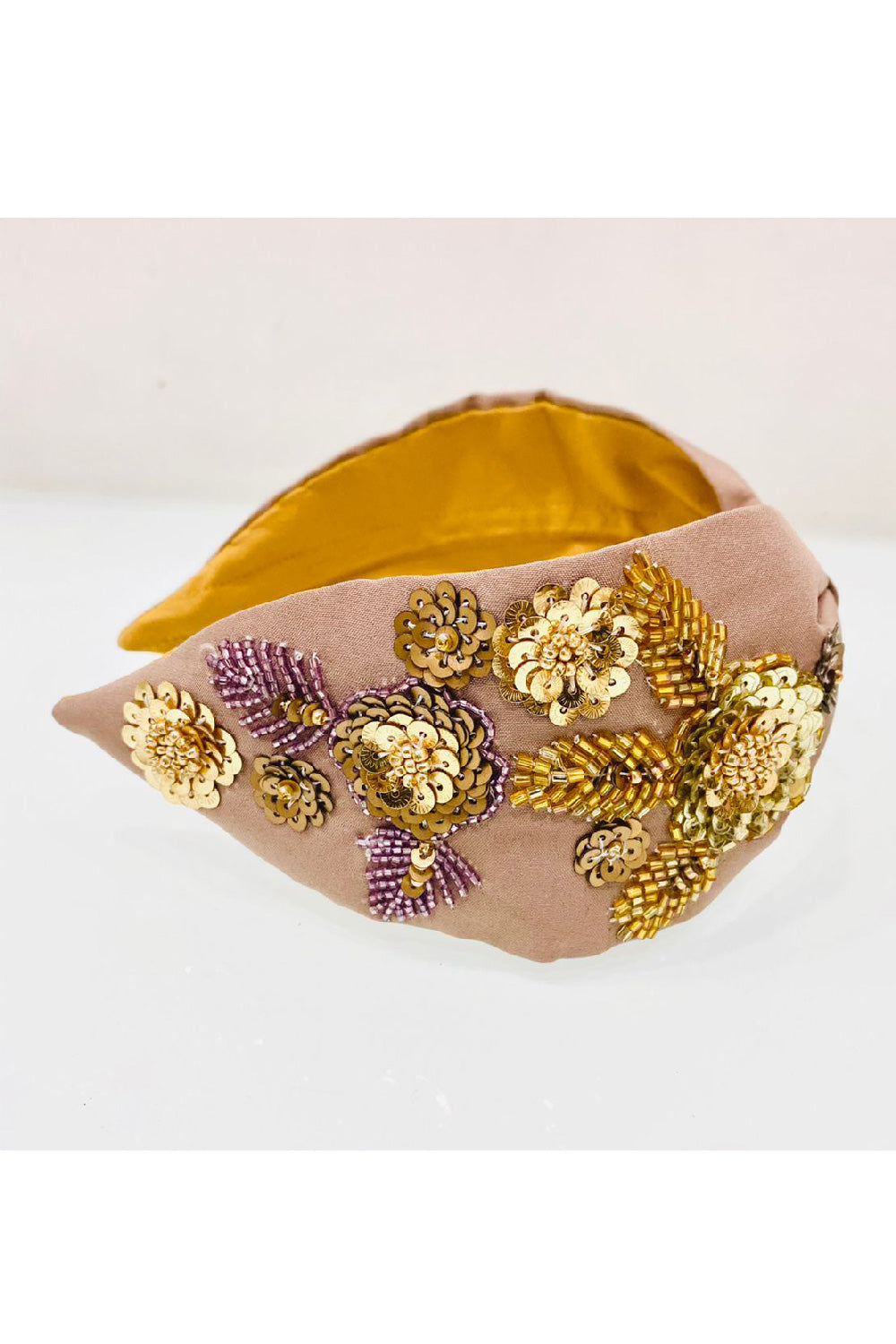 Peach Sequins And Beads Embroidered Hairband