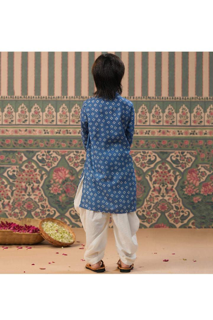 Blue Bandhani Printed And Faux Mirror Detailing Kurta With Attached Jacket Set
