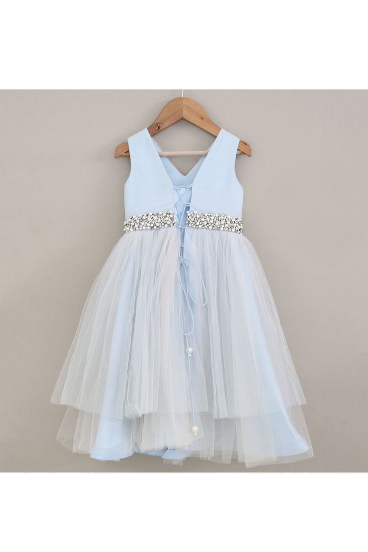 Aqua Blue And Peach Pearl Detailing Net Gown