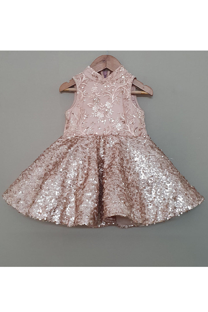 Rose Gold Sequins And Floral Embroidered Net Dress