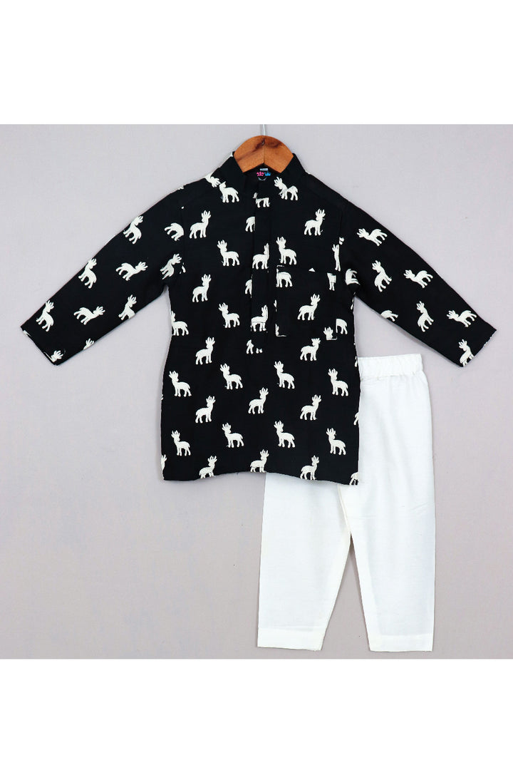 Black And White Deer Embroidered Silk Kurta With Pyjama Set