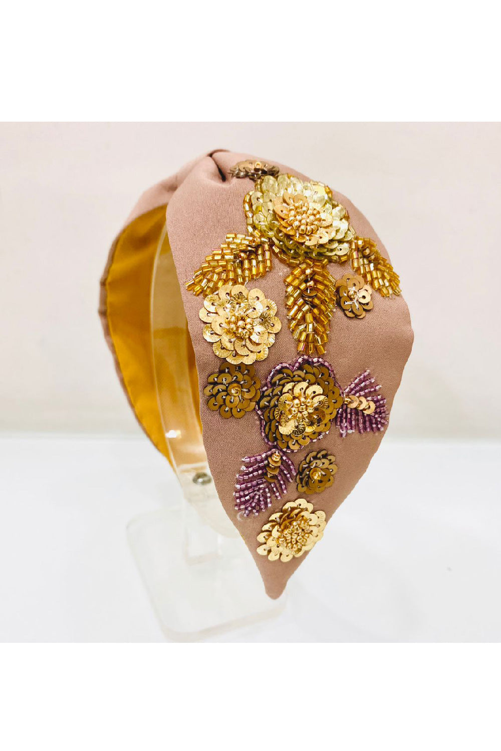 Peach Sequins And Beads Embroidered Hairband