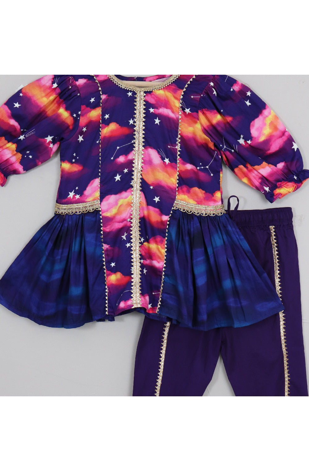 Cloud And Star Printed Peplum Style Top With Dhoti Set