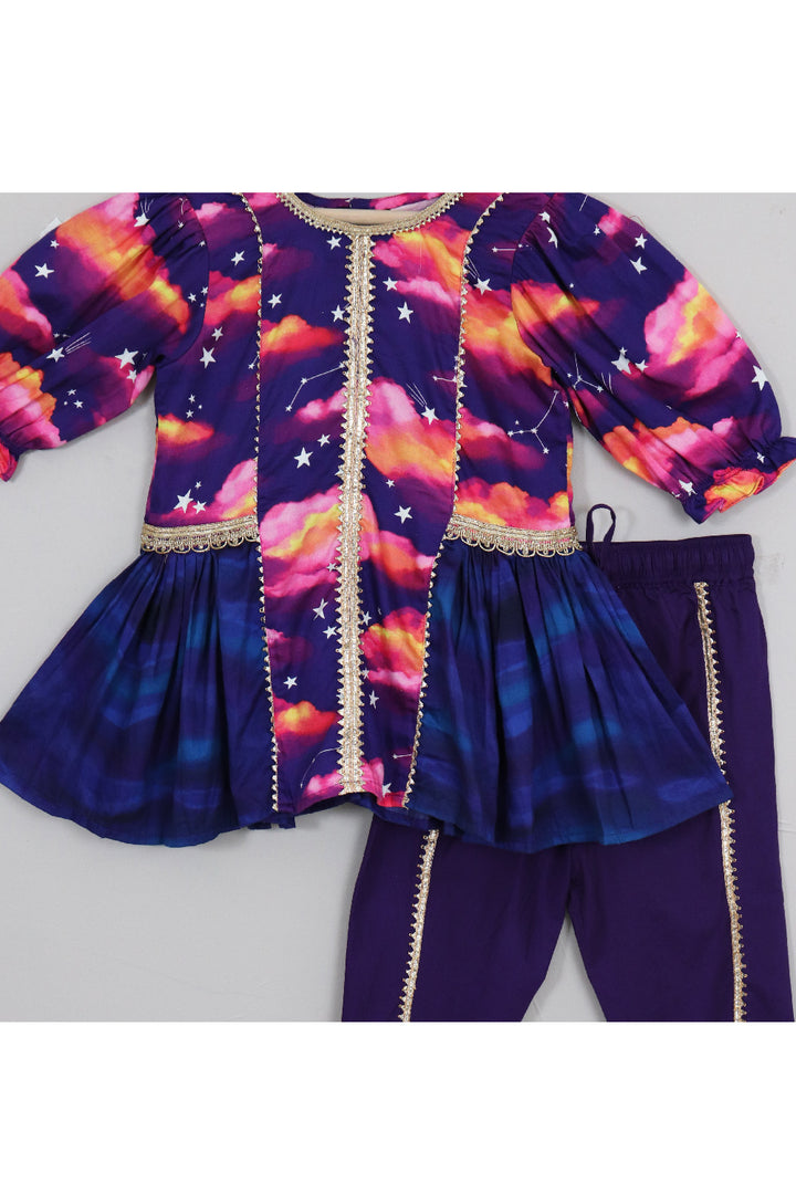 Cloud And Star Printed Peplum Style Top With Dhoti Set