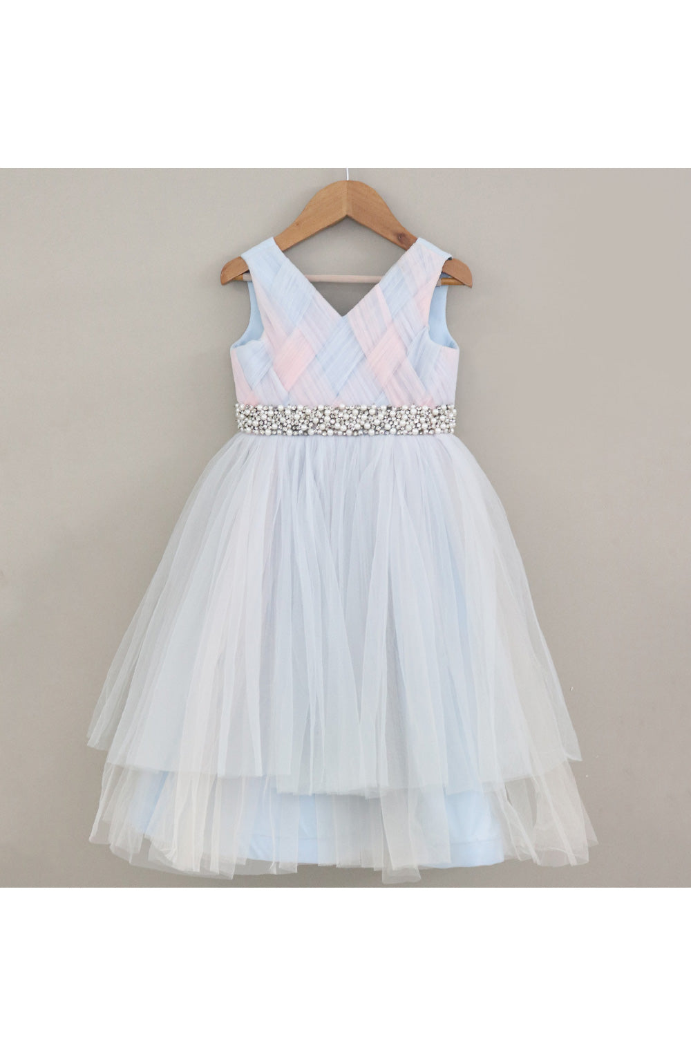Aqua Blue And Peach Pearl Detailing Net Gown