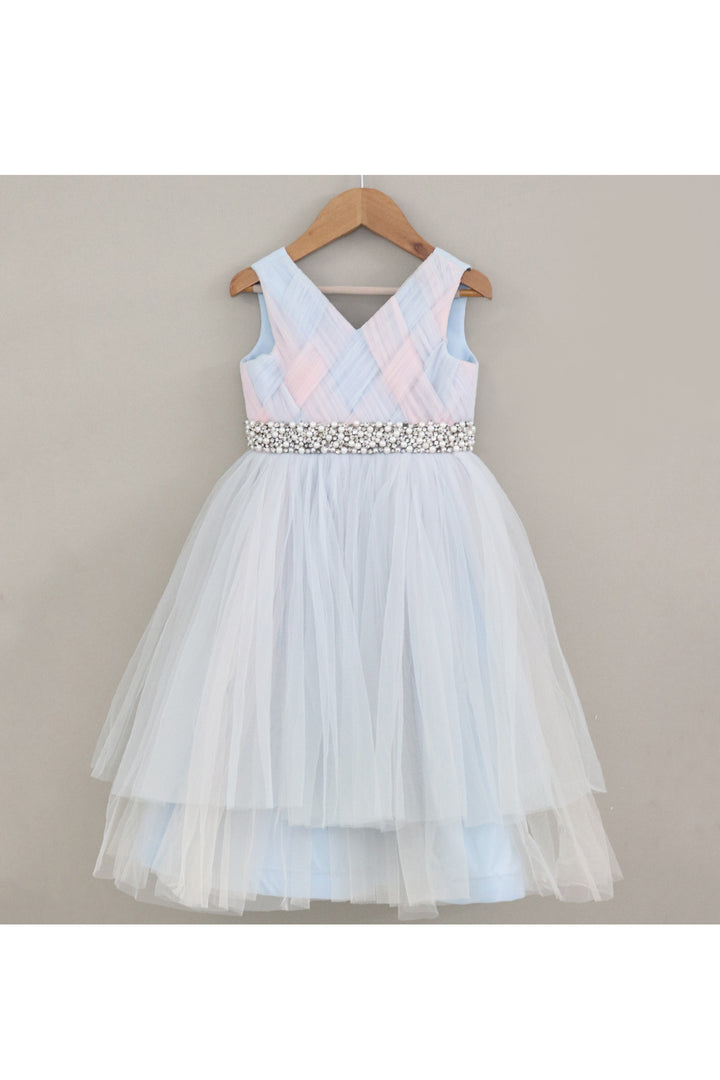Aqua Blue And Peach Pearl Detailing Net Gown