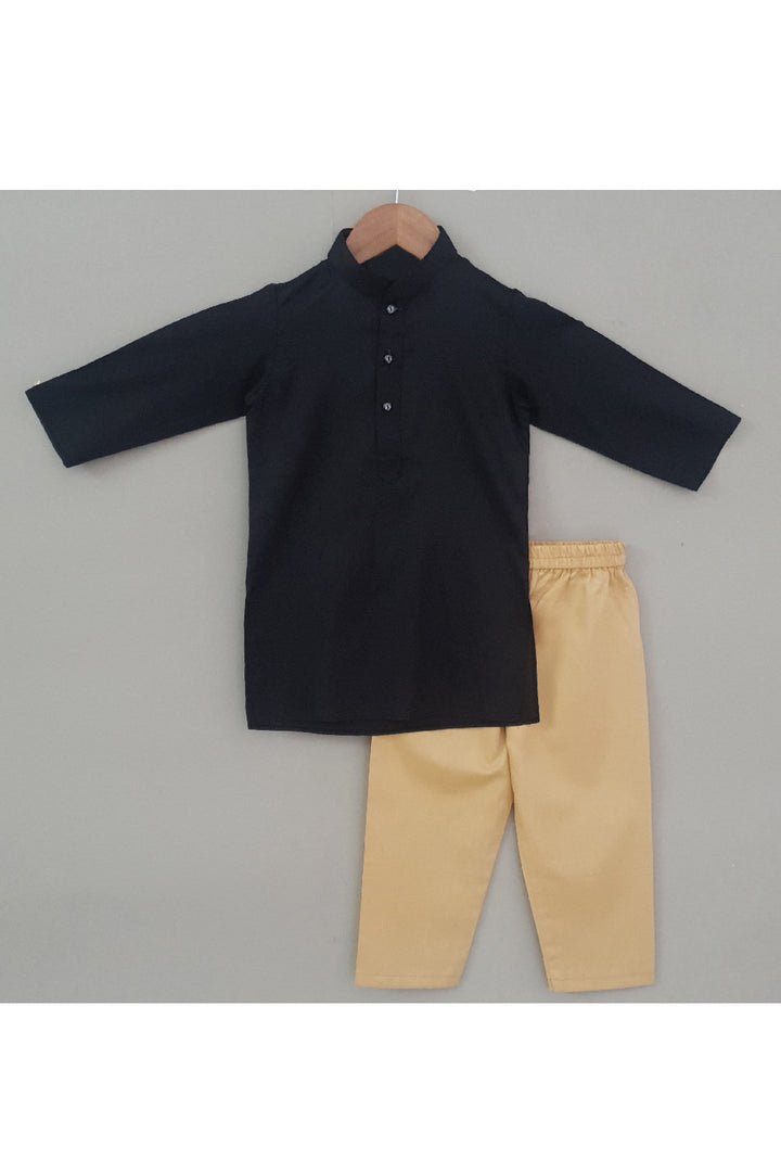 Black Cotton Kurta With Floral Embroidered Jacket Set