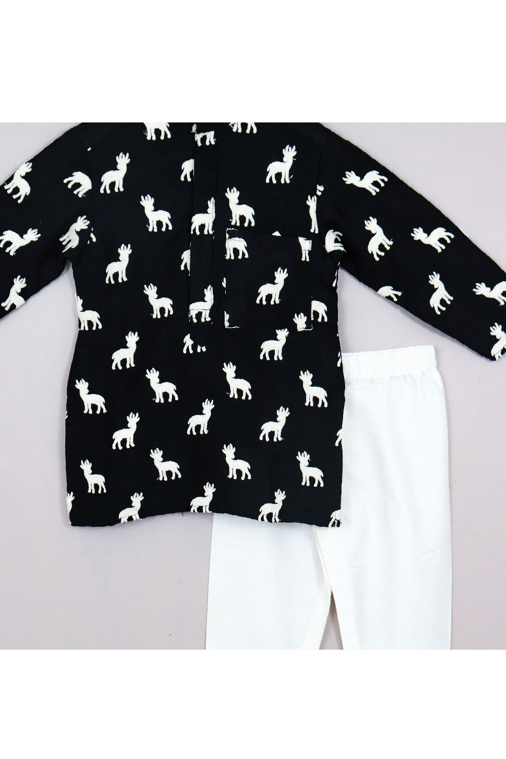 Black And White Deer Embroidered Silk Kurta With Pyjama Set