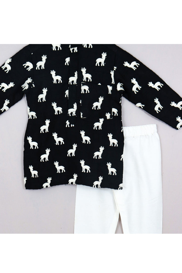 Black And White Deer Embroidered Silk Kurta With Pyjama Set