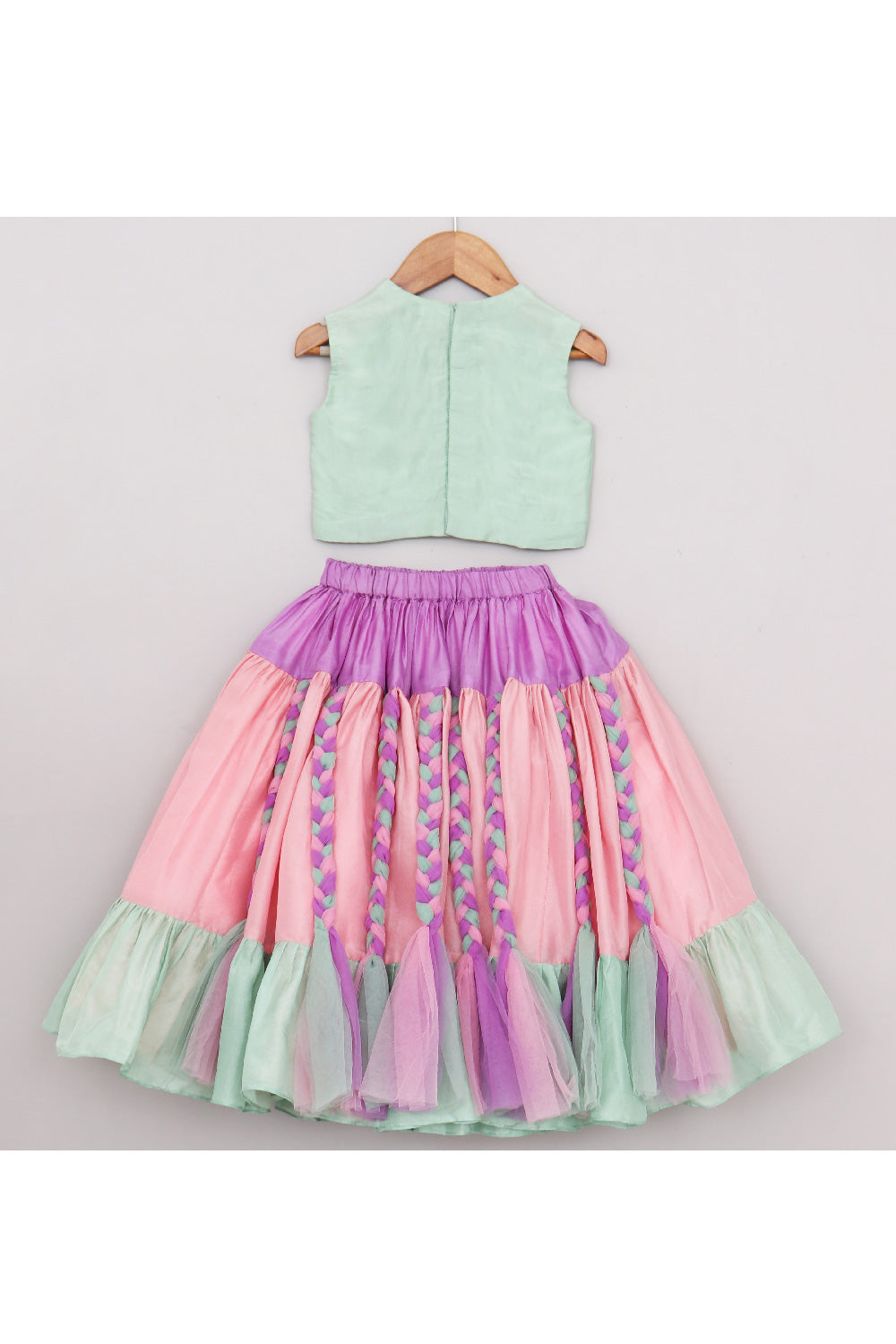 Sage Green Embroidered Top With Multicolor Braids Embroidered Lehenga Set