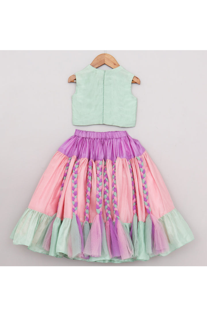 Sage Green Embroidered Top With Multicolor Braids Embroidered Lehenga Set