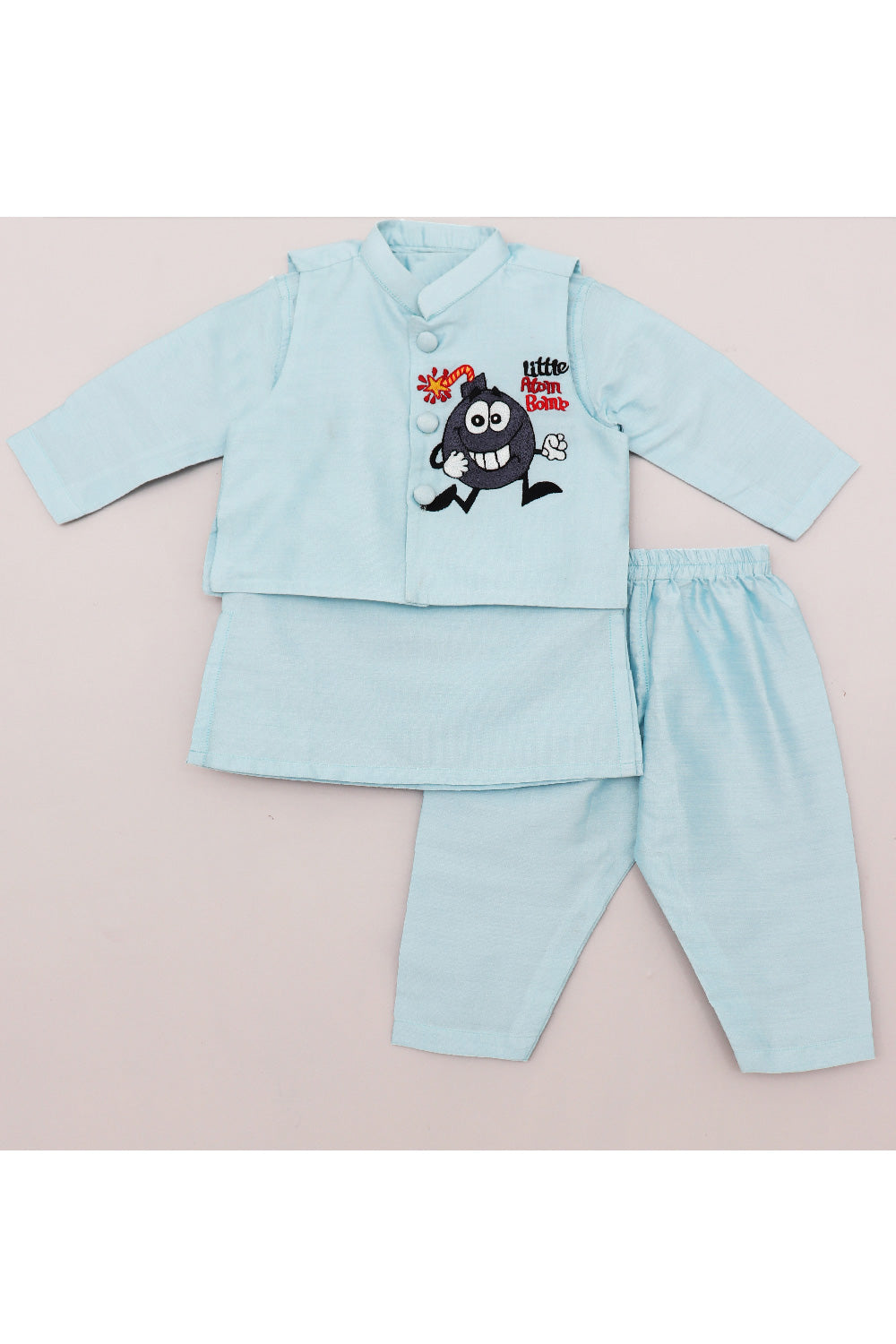 Light Blue Cotton Silk Kurta With Little Atom Bomb Embroidered Jacket Set