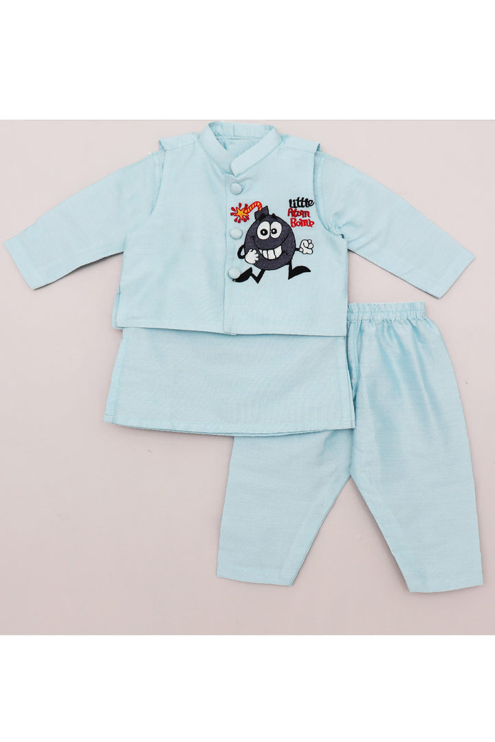 Light Blue Cotton Silk Kurta With Little Atom Bomb Embroidered Jacket Set