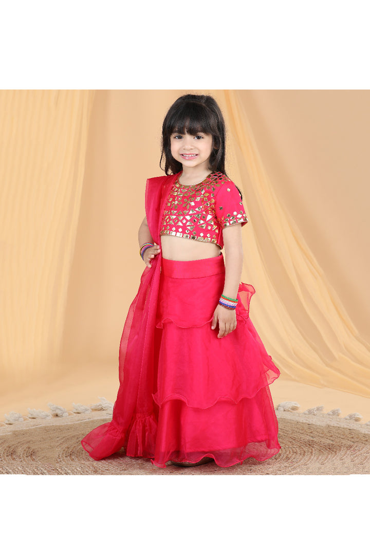 Hot Pink Leather Patch Work Top With Frilled Organza Lehenga