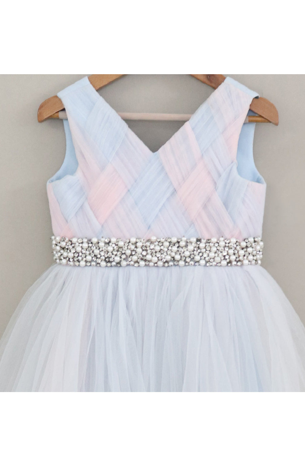 Aqua Blue And Peach Pearl Detailing Net Gown
