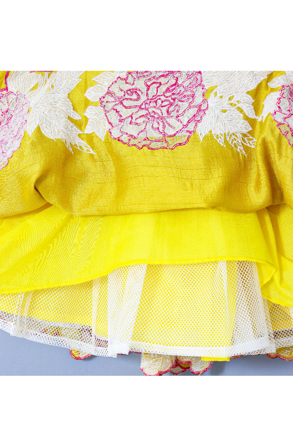 Yellow And Pink Floral Embroidered Silk Top With Lehenga Set