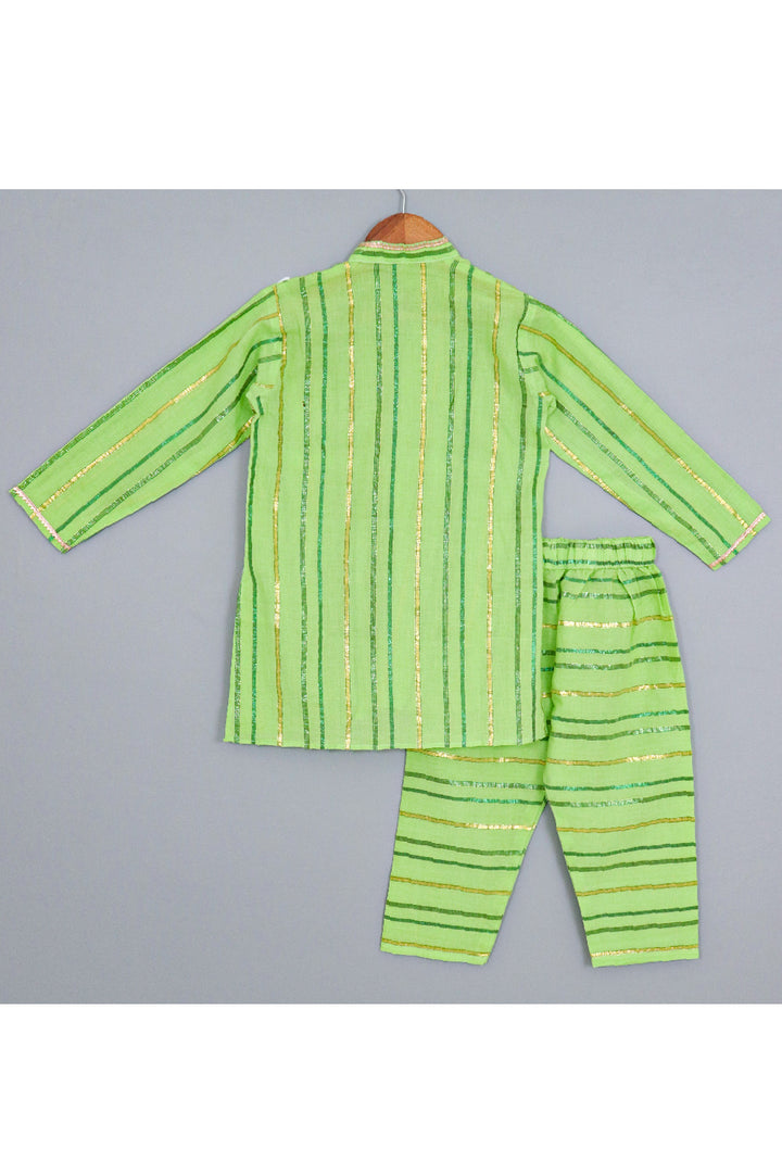 Green Lace Detailing Asymmetrical Cotton Lurex Kurta With Pyjama Set