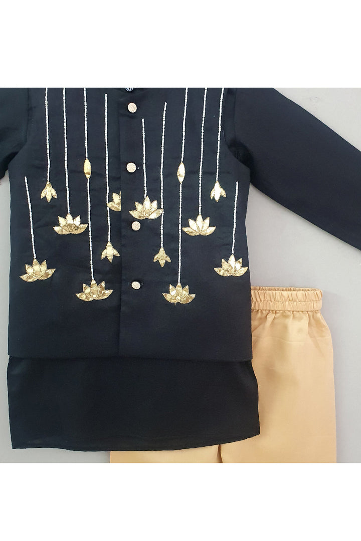 Black Cotton Kurta With Floral Embroidered Jacket Set