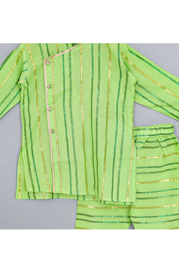 Green Lace Detailing Asymmetrical Cotton Lurex Kurta With Pyjama Set