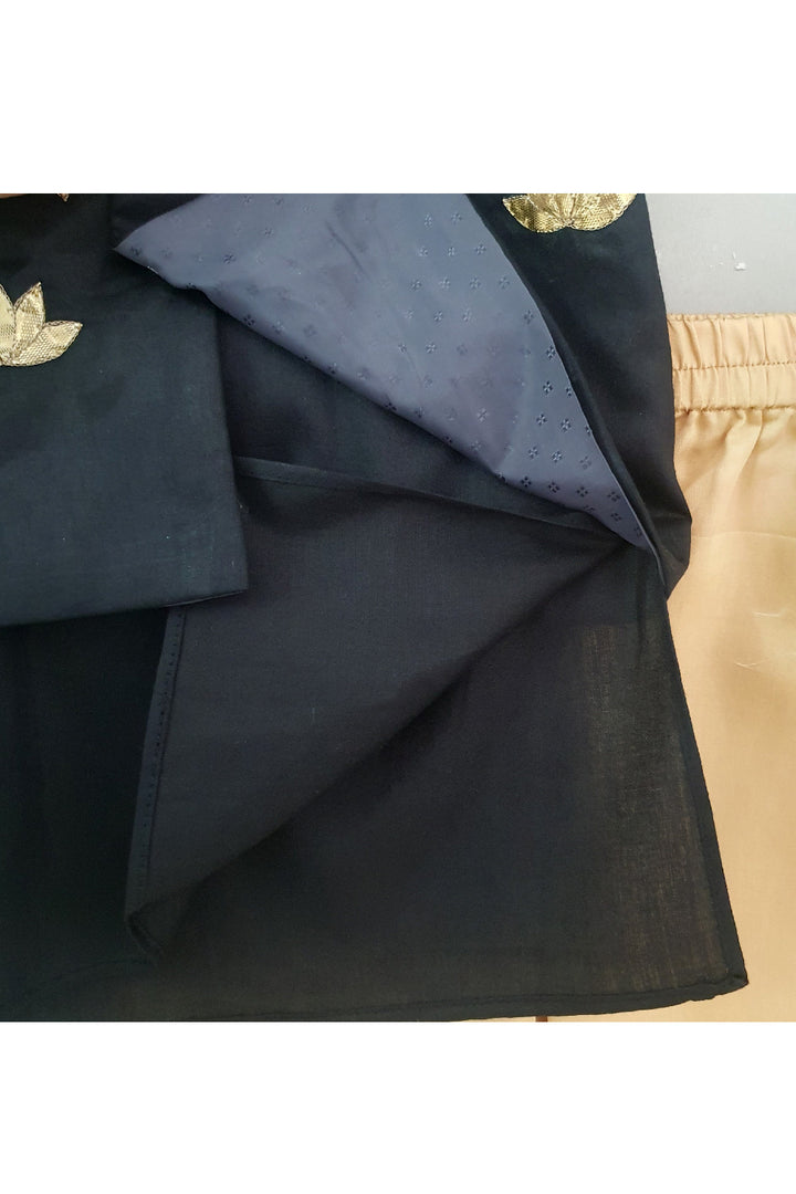 Black Cotton Kurta With Floral Embroidered Jacket Set