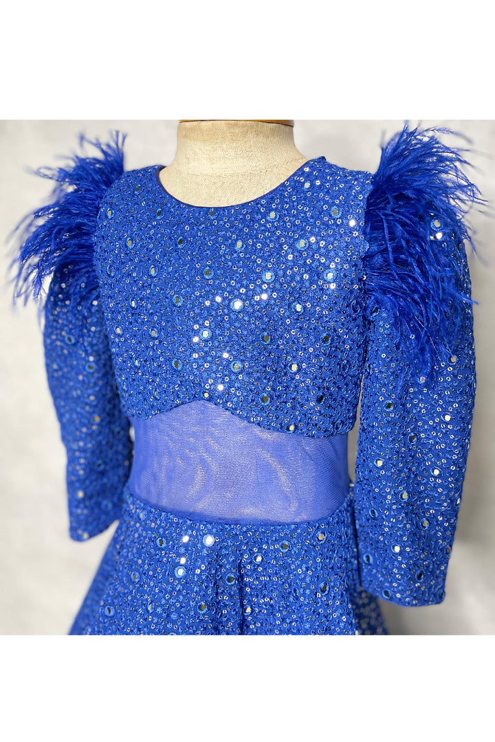 Royal Blue Mirror Embellished Gown With Feather Detailing