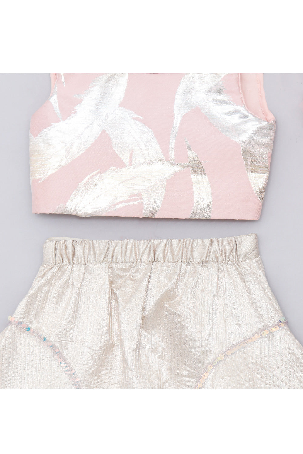 Pastel Pink Feather Detailing Sleeveless Top With Skirt Set