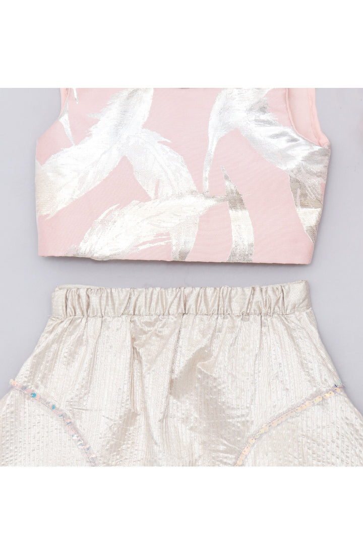 Pastel Pink Feather Detailing Sleeveless Top With Skirt Set
