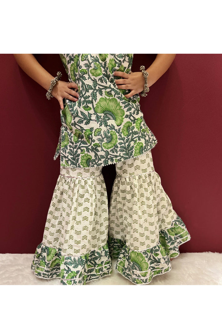 Green Floral Hand Block Printed Cotton Kurta With Sharara Set