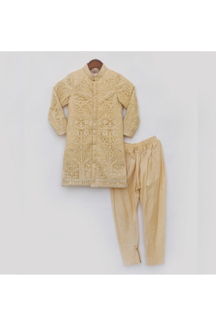 Golden Embroidered Lucknowi Ajkan With Pant Set