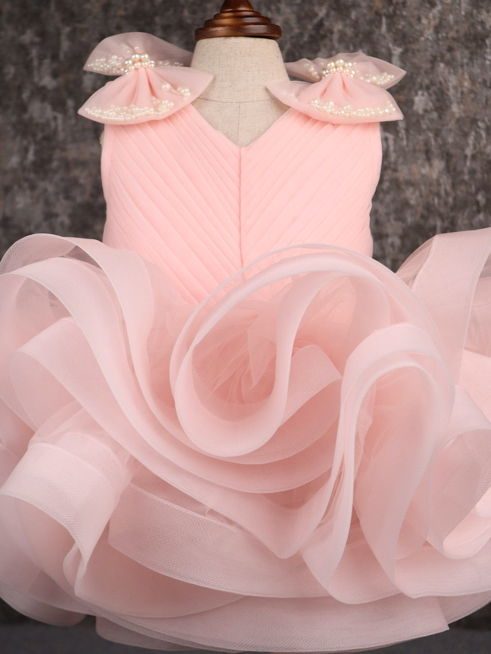 Peach Net Ruffle Pleated Yoke Stylish Dress