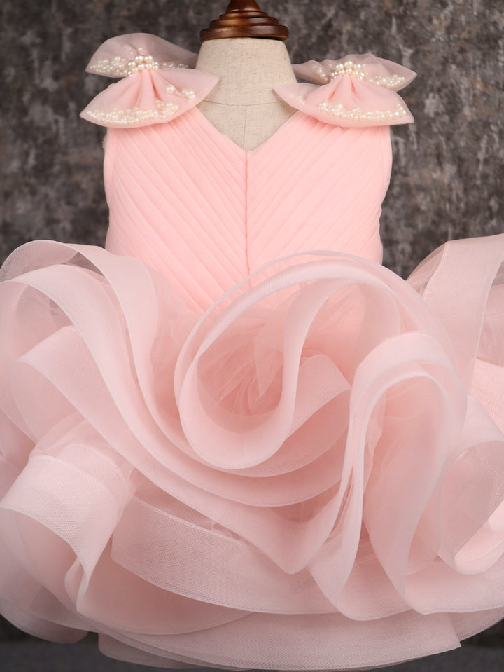 Peach Net Ruffle Pleated Yoke Stylish Dress