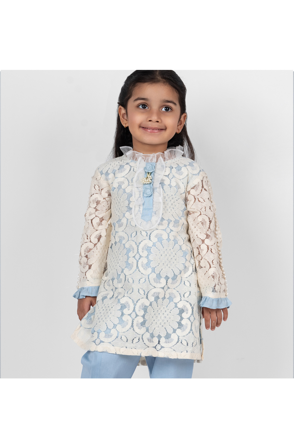 Sky Blue Organza Lace Detailing Kurta With Straight Pant Set