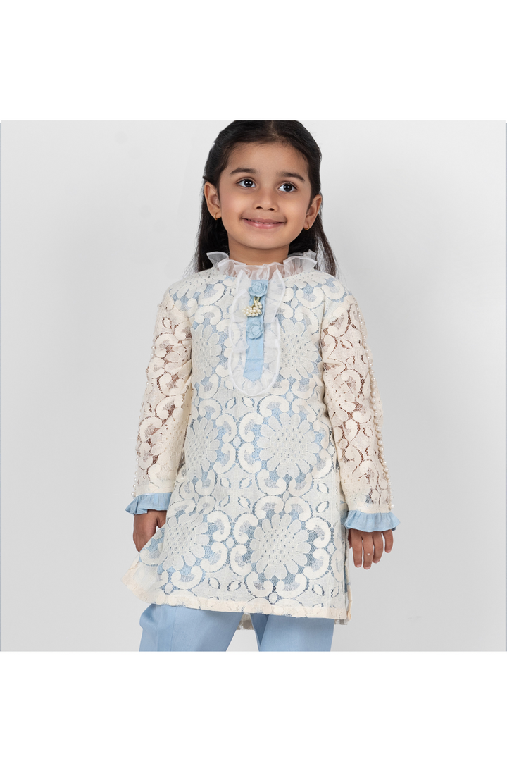 Sky Blue Organza Lace Detailing Kurta With Straight Pant Set