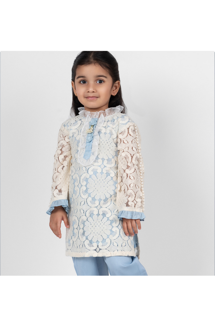 Sky Blue Organza Lace Detailing Kurta With Straight Pant Set