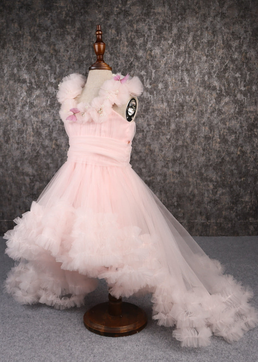 Peach Butterfly Ruffle Hem With Trail Dress