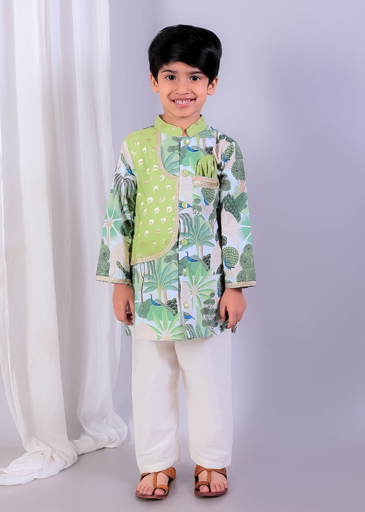 Green Jungle Printed Kurta Chanderi Panels With Pyjama Set