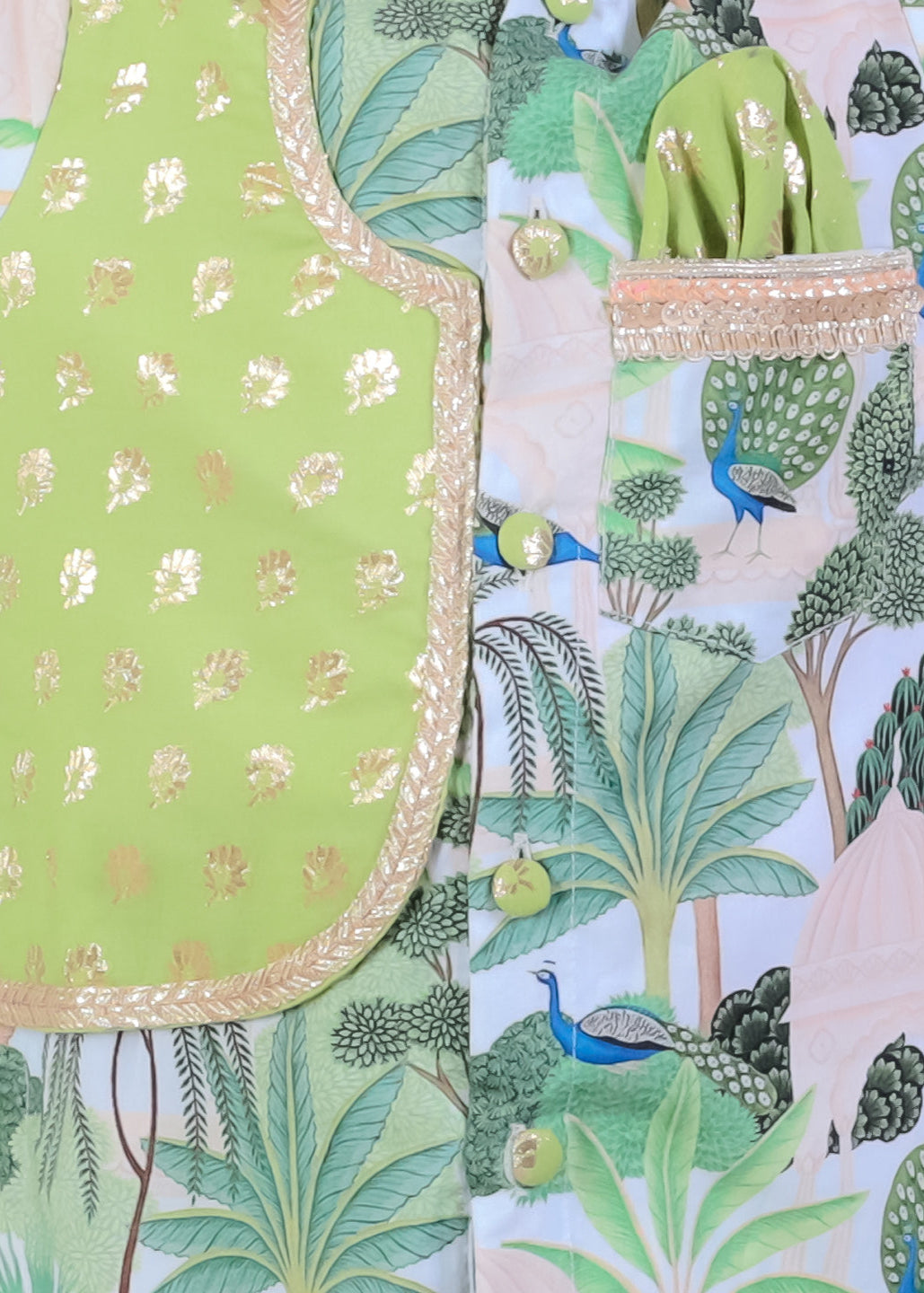 Green Jungle Printed Kurta Chanderi Panels With Pyjama Set