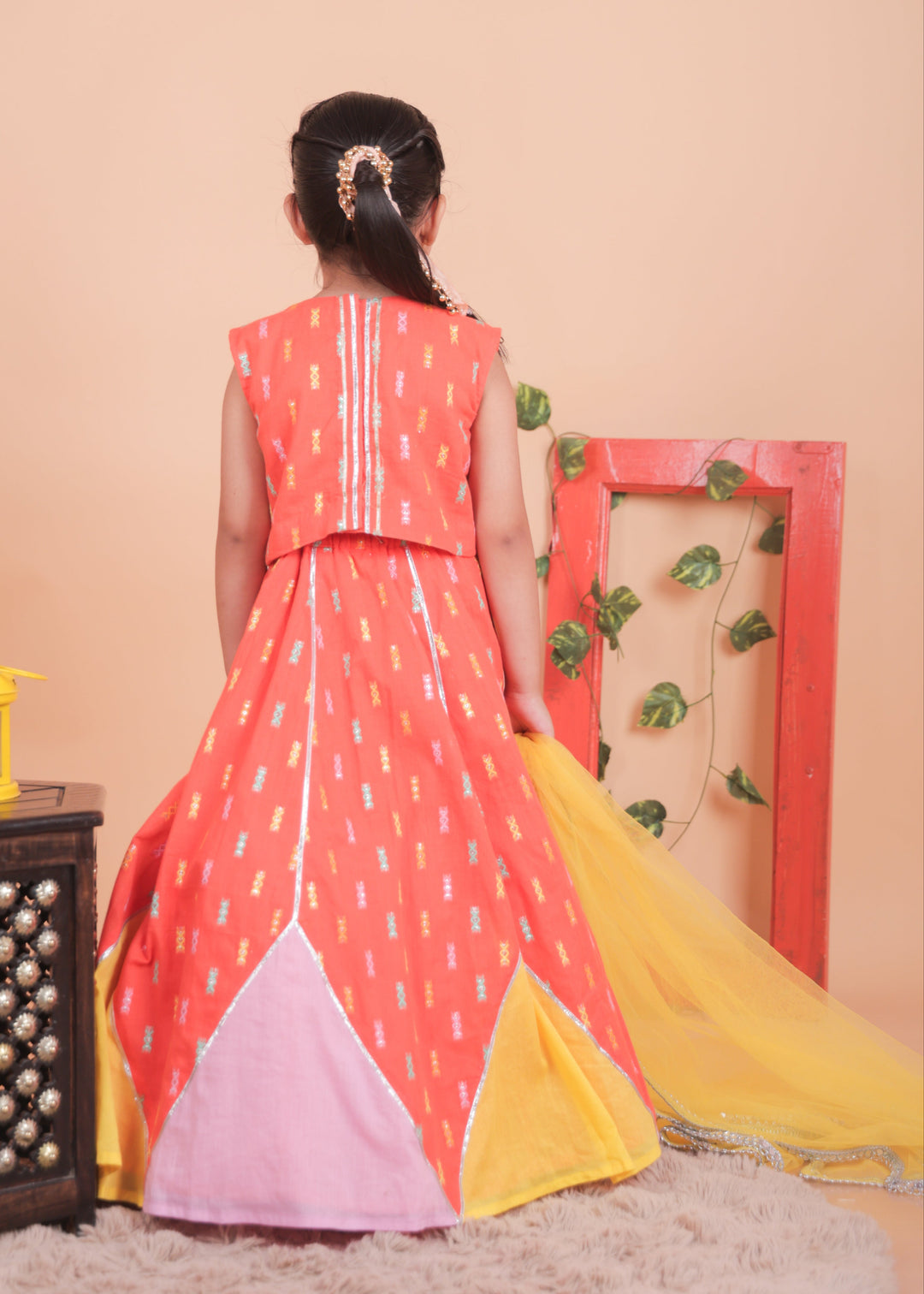 Multi-colored Embellished Choli With Blocked Lehenga Set