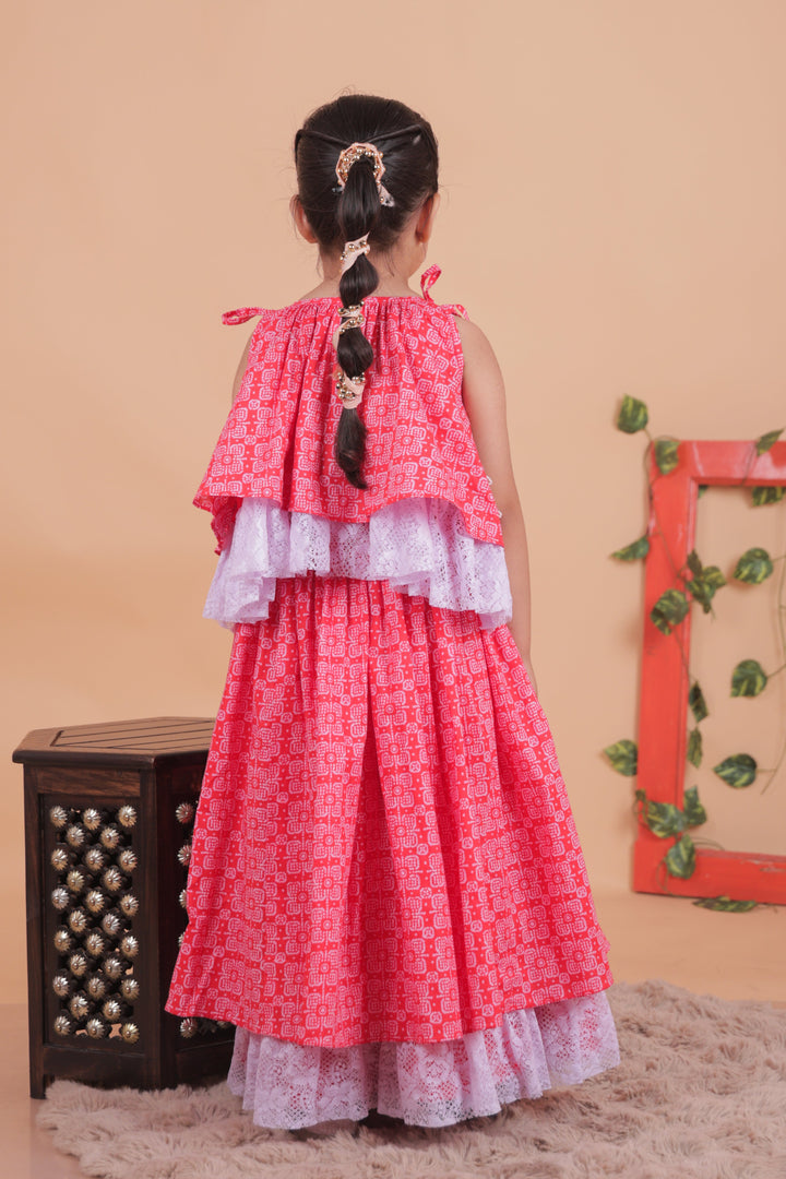 Red And Lilac Bandhani Embroidered Choli With Lehenga Set