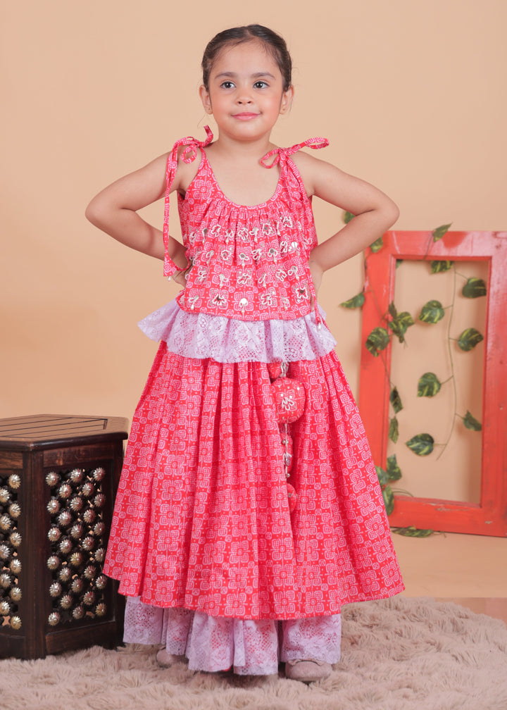 Red And Lilac Bandhani Embroidered Choli With Lehenga Set