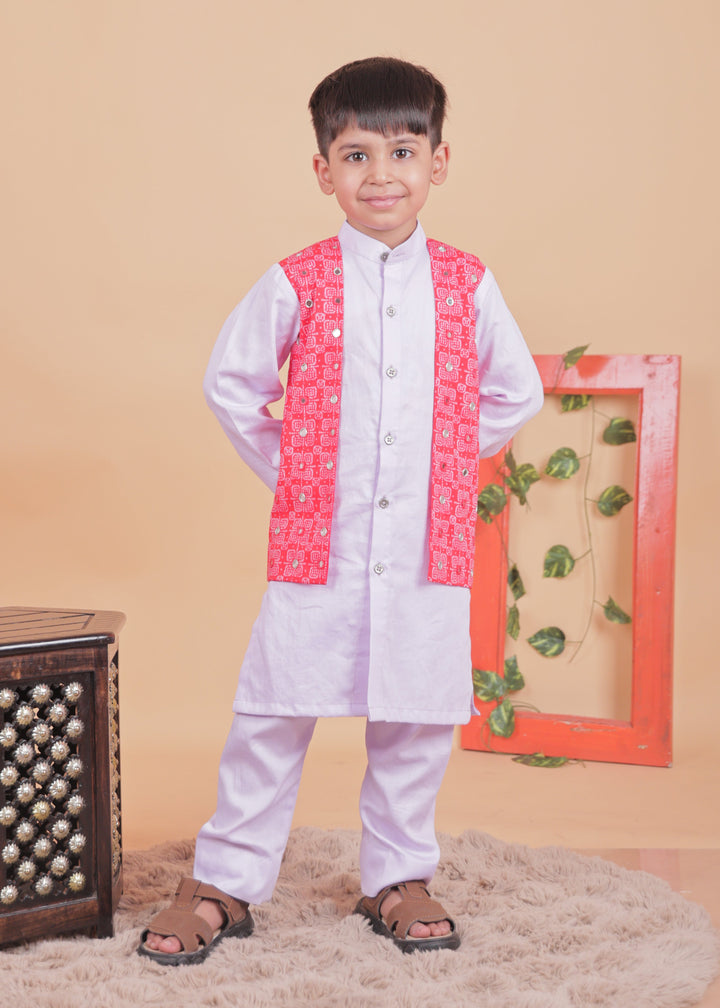 Lilac And Red Hand Embroidery Embellished Jacket Kurta With Pyjama Set